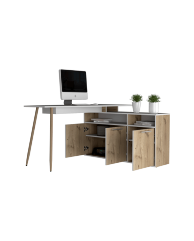 Escritorio En L Singapur, Café Claro y Blanco Duqueza, con Tres Puertas Batientes