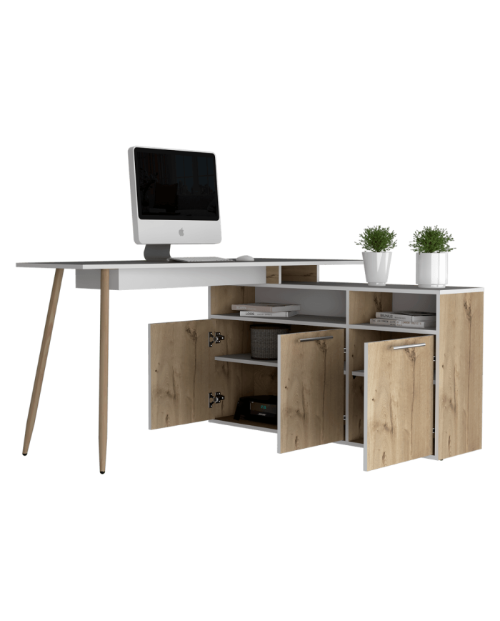 Escritorio En L Singapur, Café Claro y Blanco Duqueza, con Tres Puertas Batientes