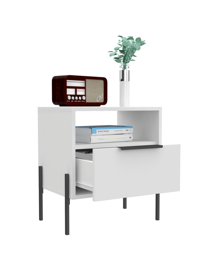 Mesa de Noche Wesley, Blanco Vainilla Y Gris Oscuro, Con Un Cajón Deslizable y Entrepaños