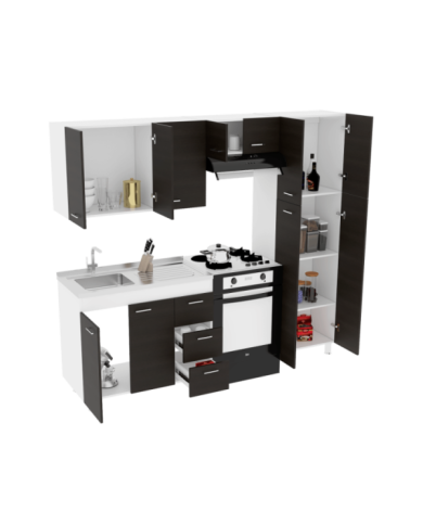 Cocina Integral Mercy, Blanco Vainilla y Wengue, Incluye Mesón con Pozuelo A La Izquierda