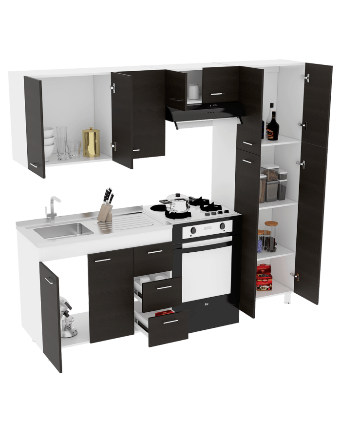 Cocina Integral Mercy, Blanco Vainilla y Wengue, Incluye Mesón con Pozuelo A La Izquierda