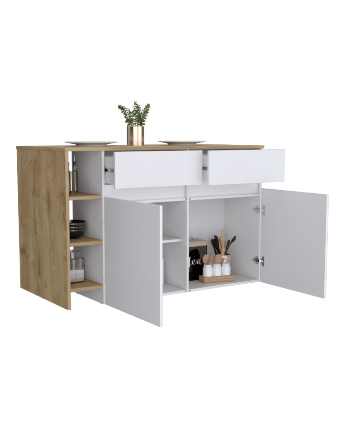 Barra de Cocina Polux, Blanco Vainilla Y Beige , con Amplia Superficie Superior y Entrepaños