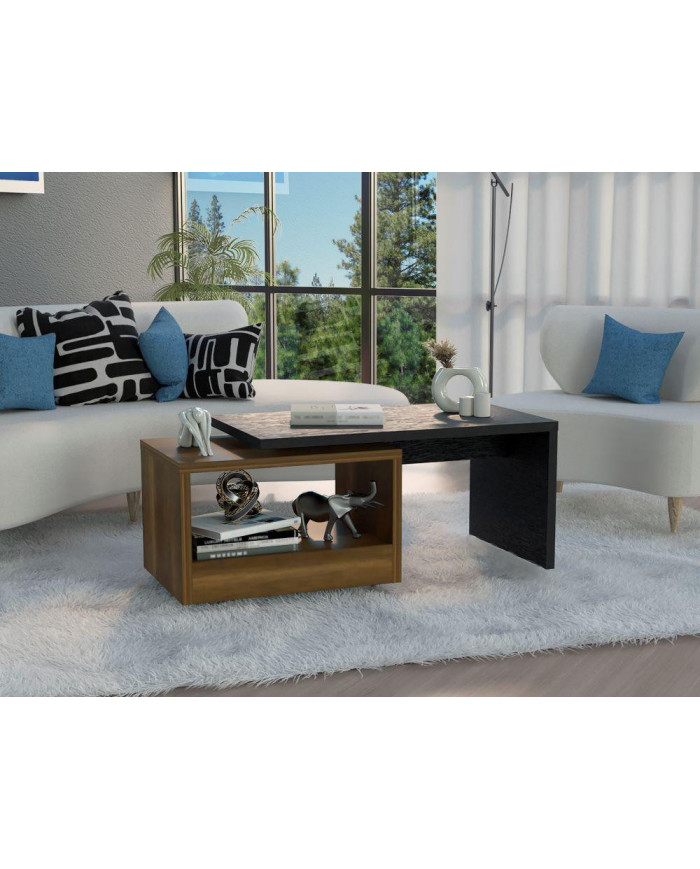 Mesa de Centro Wesley, Wengue y Cobre, con Un Cajón Amplio y Patas En Acero