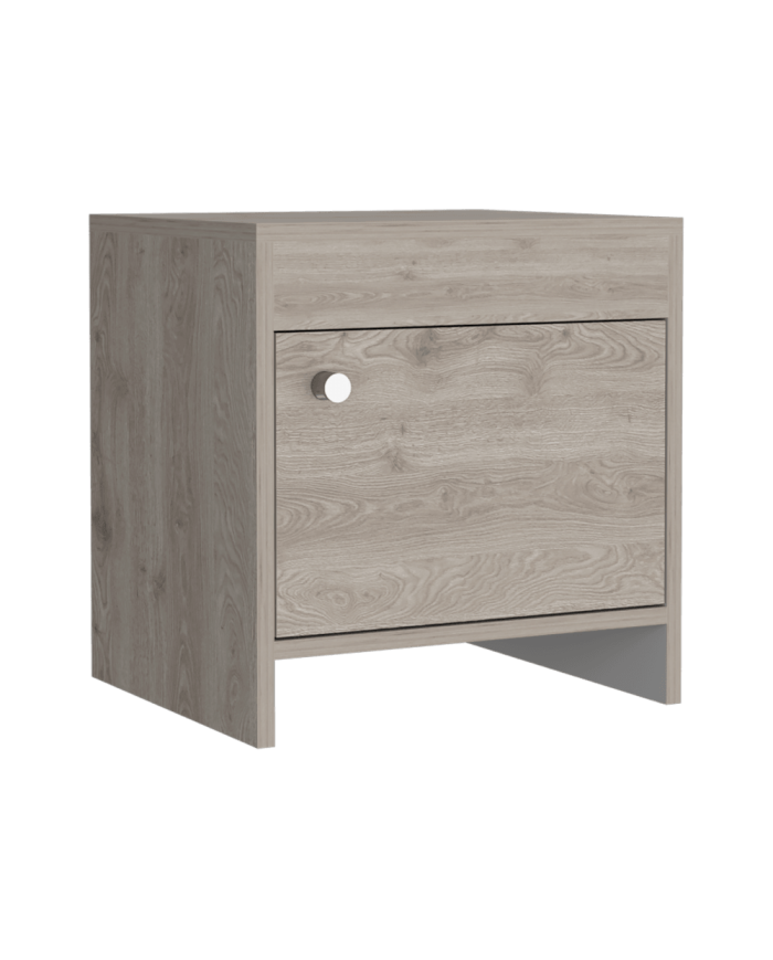 Mesa de Noche Armonía, Humo y Blanco Nevado, con Un Cajón Organizador y Amplio Espacio