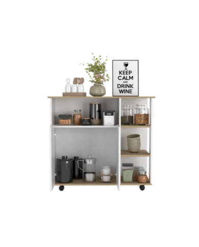 Mesa Auxiliar Ponte, Blanco Perla y Café Claro, con amplia superficie en la mesa