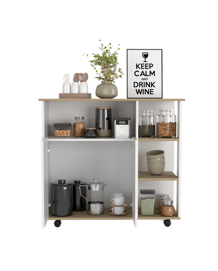 Mesa Auxiliar Ponte, Blanco Perla y Café Claro, con amplia superficie en la mesa