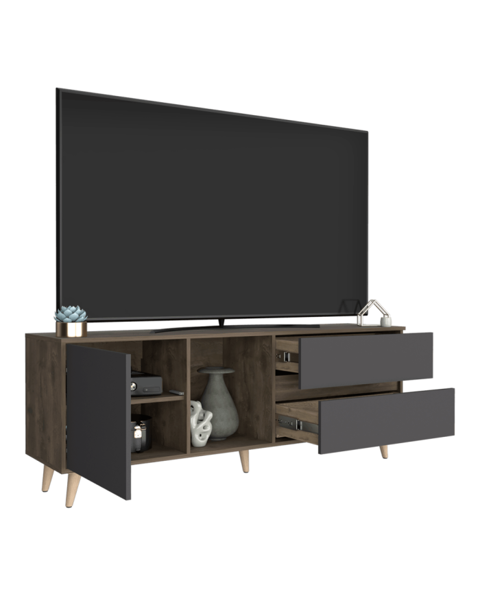 Mesa Para Tv Nashira, Nogal y Plata Oscuro, con Espacio Para Televisor de Hasta 65 Pulgadas