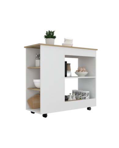 Mesa Auxiliar de Cocina Coralyn, Blanco y Café Claro, con tres entrepaños y rodachines