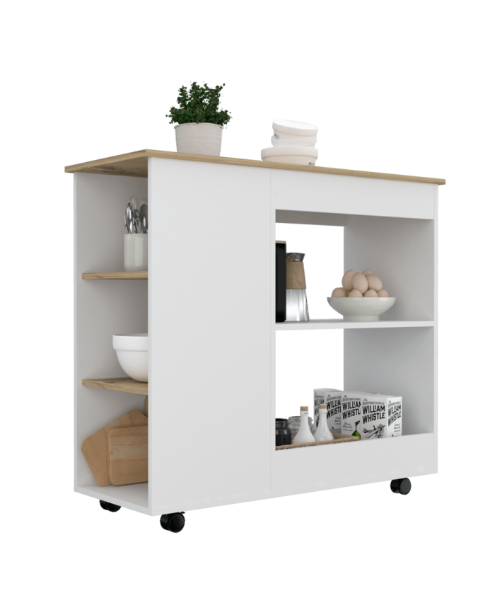 Mesa Auxiliar de Cocina Coralyn, Blanco y Café Claro, con tres entrepaños y rodachines