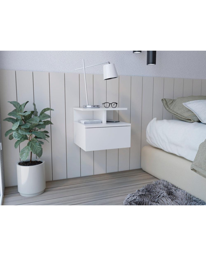 Mesa de Noche Flotante Nube, Blanco, con un Cajón y División de dos Entrepaños