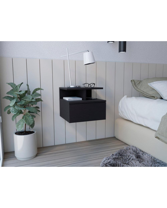 Mesa de Noche Flotante Nube, Wengue con un Cajón y División de dos Entrepaños