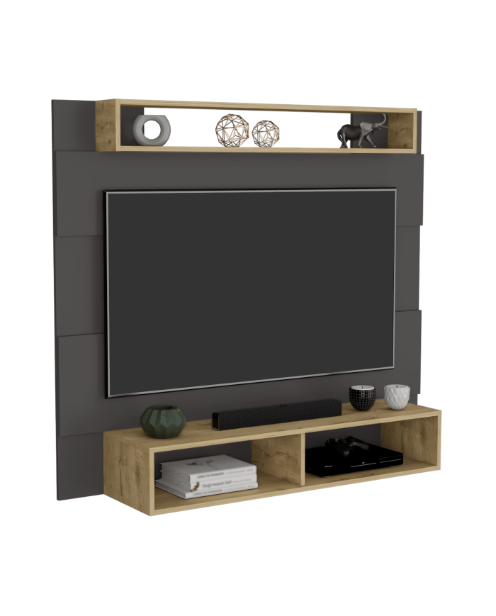 Panel de Tv Chares, Plata Oscuro y Macadamia, con Espacio Para Televisor de Hasta 55 Pulgadas