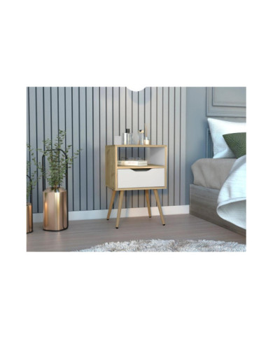 Mesa de Noche Alesio, Café Claro y Blanco, con Patas en Madera y un Cajón