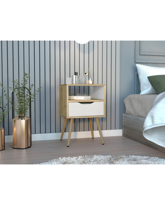 Mesa de Noche Alesio, Café Claro y Blanco, con Patas en Madera y un Cajón