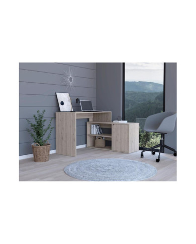 Escritorio En L Wuhan, Humo, con Múltiples Entrepaños Para Ubicar Objetos y Una Puerta Abatible