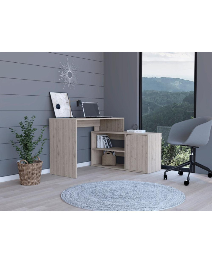 Escritorio En L Wuhan, Humo, con Múltiples Entrepaños Para Ubicar Objetos y Una Puerta Abatible