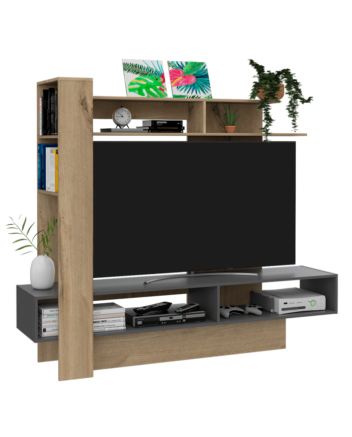 Mesa Para Tv Vegas, Café Claro y Plata Oscuro, con Espacio Para Televisor de Hasta 55 Pulgadas