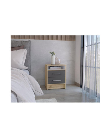 Mesa de Noche Douglas, Beige y Plata Oscuro, con Un Entrepaño Superior y Dos Cajones Organizadores