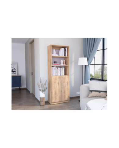 Biblioteca Home, Macadamia y Blanco Cartón, con Cinco Entrepaños y Dos Puertas Abatibles