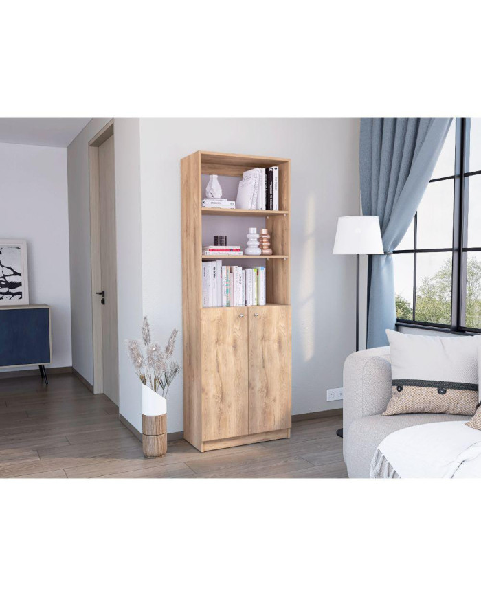 Biblioteca Home, Macadamia y Blanco Cartón, con Cinco Entrepaños y Dos Puertas Abatibles
