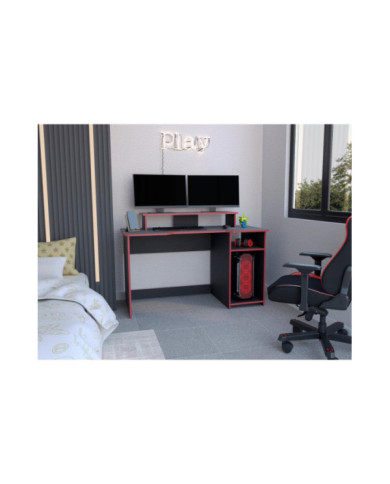 Escritorio Gamer Willy, Wengue y Rojo, con Espacio Adicional para Pantallas