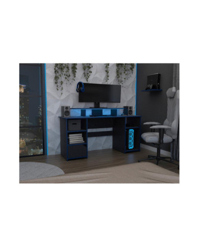 Escritorio Gamer Trollino, Wengue y Azul, con Luz LED y Espacio Adicional para Pantallas
