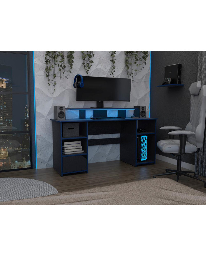Escritorio Gamer Trollino, Wengue y Azul, con Luz LED y Espacio Adicional para Pantallas