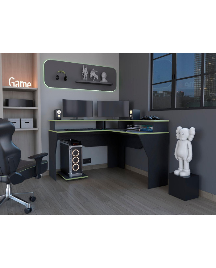 Escritorio Gamer Invictor, Wengue y Verde, con Espacio Adicional para Pantallas