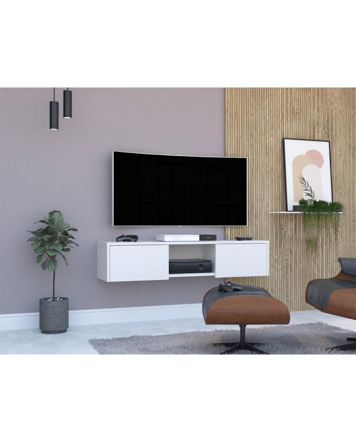 Mesa Para Tv Flotante Gleid, Blanca, con Dos Puertas Abatibles