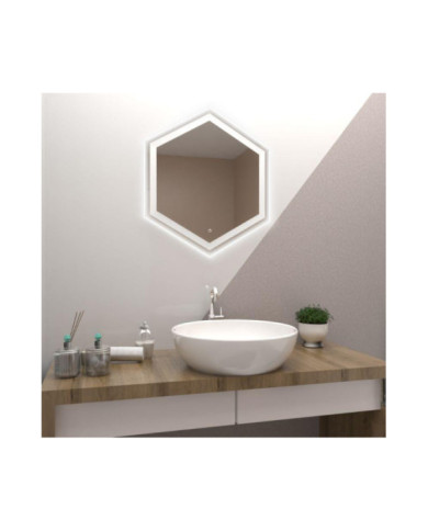 Espejo Hexagonal Wolf, Gris, con Luz Led y Touch