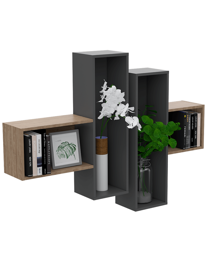 Repisa Frello, Plata Oscuro y Miel, con Múltiples Entrepaños Para Ubicar Objetos