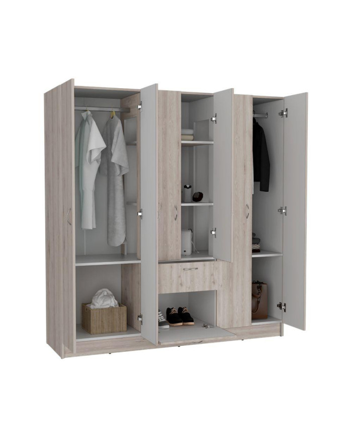 Closet Adira, Humo y Blanco, con Dos Tubos Cromados y Seis Puertas Batientes