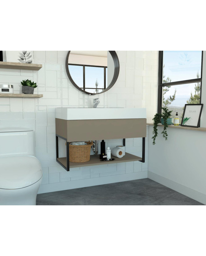 Mueble Lavamanos Zafi, Cocoa, con un entrepaño para ubicar objetos de aseo