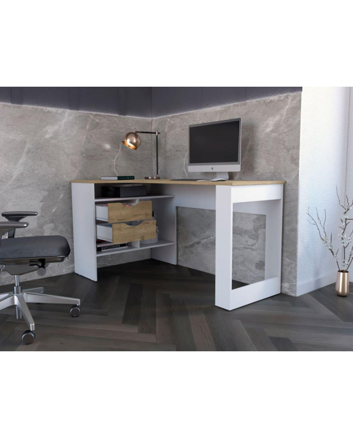 Escritorio Noah, Macadamia y Blanco Vainilla, con Un Cajón y Dos Entrepaños