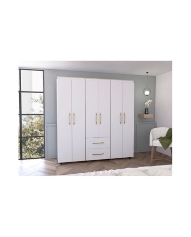 Closet Golden, Blanco y Dorado, Variedad de Entrepaños, Seis Puertas Abatibles y Canto Cuero.