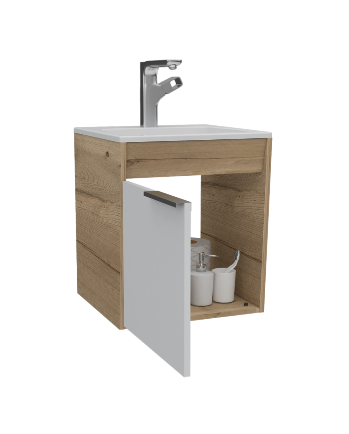Mueble Lavamanos Burco, Café Claro y Blanco, con Espacio Para Ubicar Objetos de Aseo, Incluye lavamanos