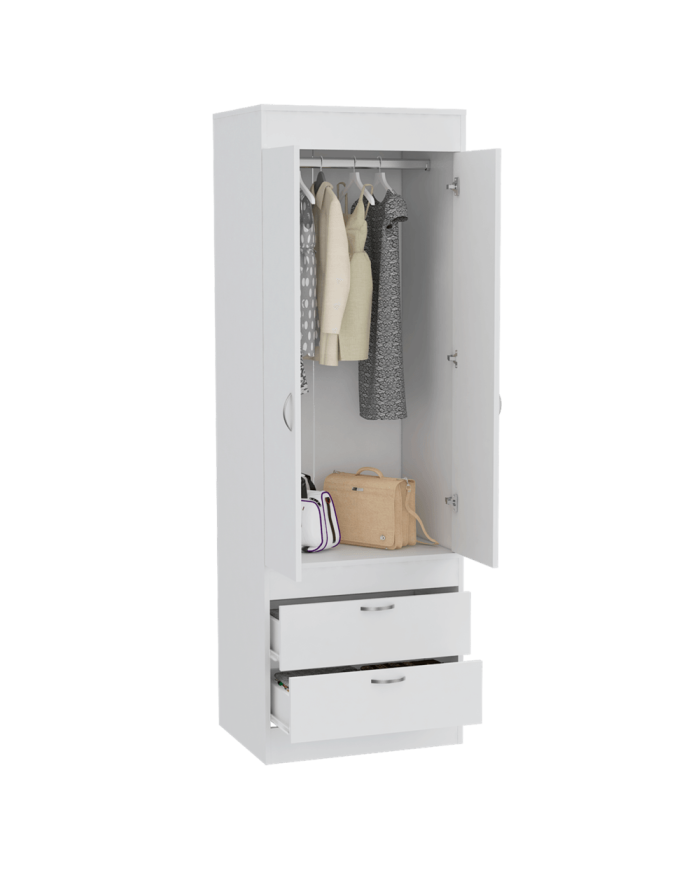 Closet Agata, Blanco, con Dos Cajones y Tubo Cromado Para Colgar Ropa ZF