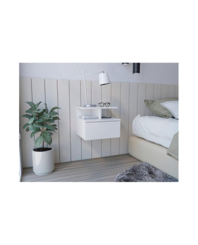 Mesa de Noche Flotante Nube, Blanco, con un Cajón y División de dos Entrepaños