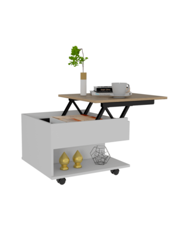 Mesa de Centro Salento, Blanco y Café Claro, con Espacio Extensible y Rodachinas de Freno ZF