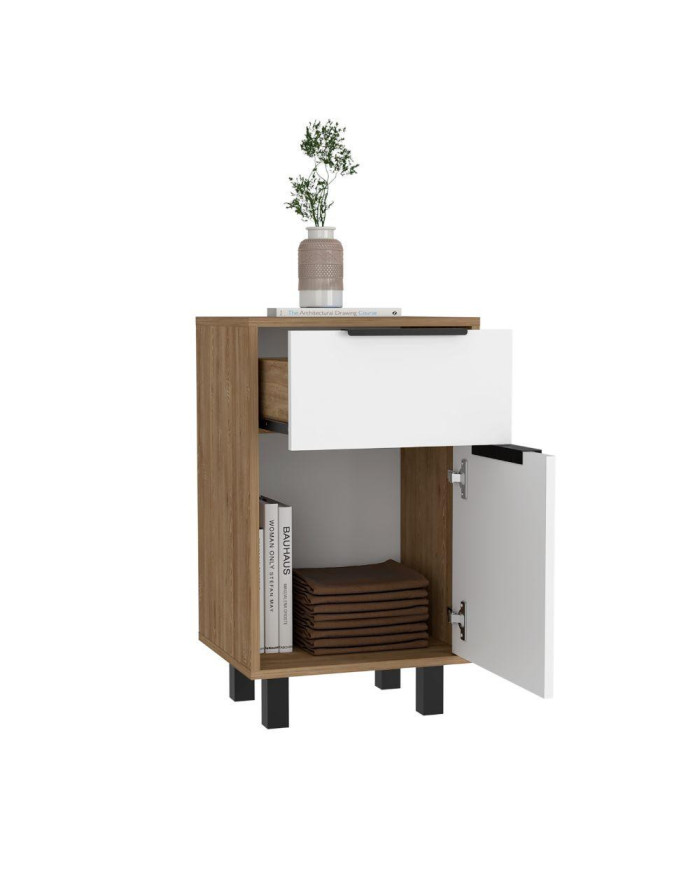 Mesa de Noche Wesley, Blanco y Miel, con Diseño Practico, Funcional y Moderno ZF