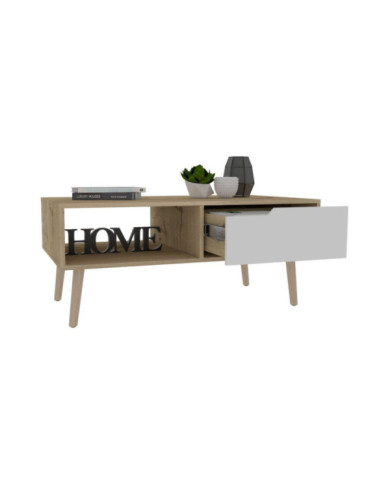 Mesa de Centro Raichel, Café Claro y Blanco, con Patas de Madera y Amplios Espacios Para Elementos Decorativos ZF
