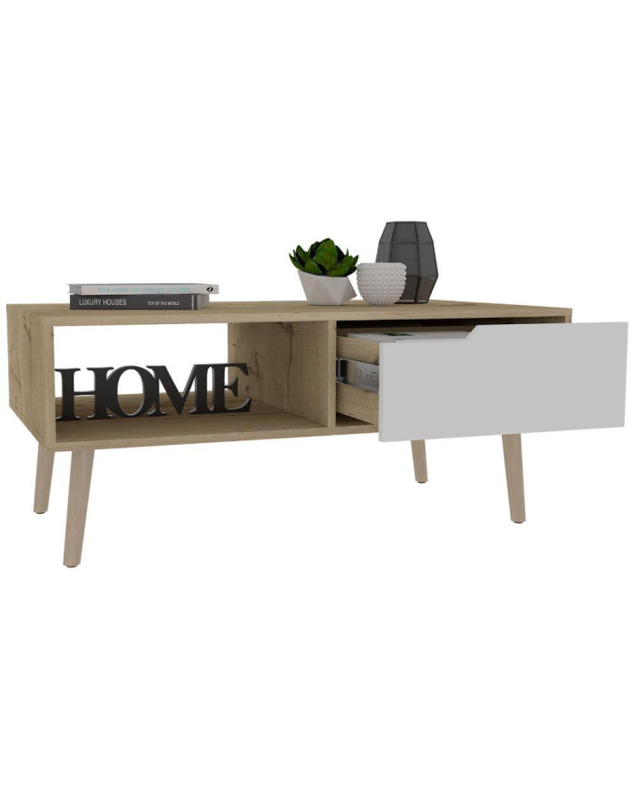 Mesa de Centro Raichel, Café Claro y Blanco, con Patas de Madera y Amplios Espacios Para Elementos Decorativos ZF