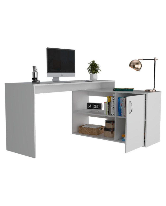 Escritorio En L Axis, Blanco Nevado, con una Puerta batiente y cuatro Entrepaños ZF