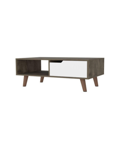 Mesa de Centro Raichel, Nogal y Blanco, con Patas de Madera y Amplios Espacios Para Elementos Decorativos  ZF