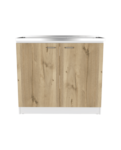 Gabinete Inferior Cantabria, Blanco Perla y Café Claro, con Dos Puertas Batientes, con Mesón Derecho  ZF