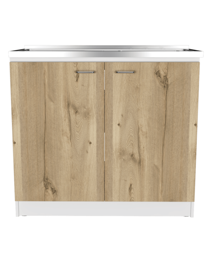 Gabinete Inferior Cantabria, Blanco Perla y Café Claro, con Dos Puertas Batientes, con Mesón Derecho  ZF