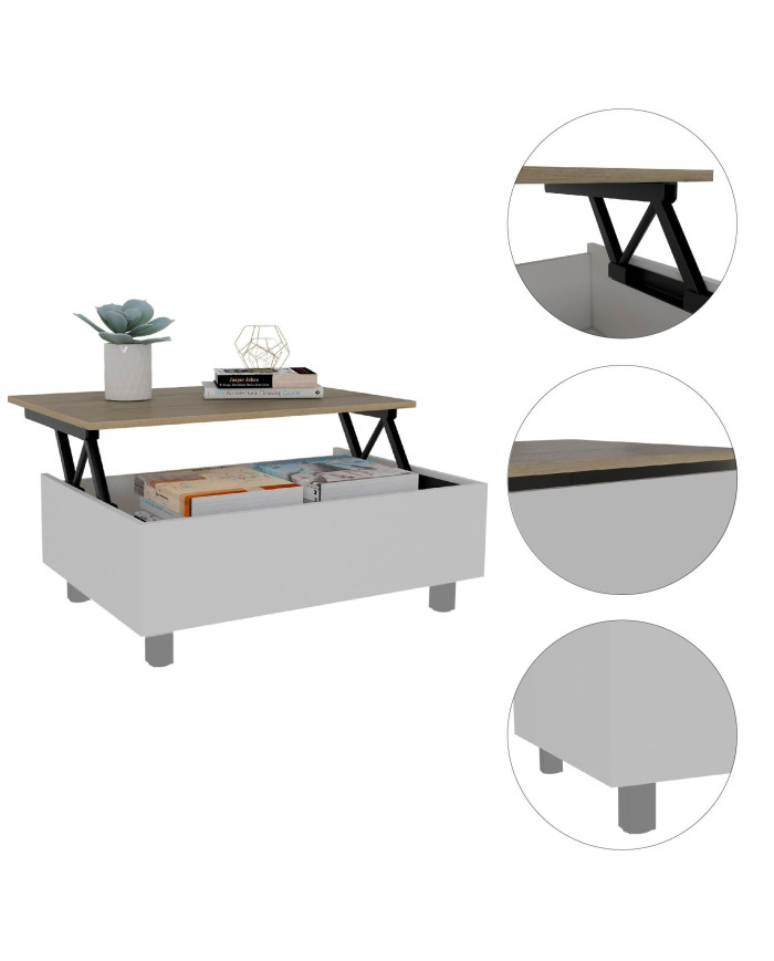 Mesa de Centro Albar, Blanco y Café Claro, con Entrepaño Extensible y espacio para almacenamiento ZF