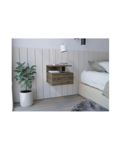 Mesa de Noche Flotante Nube, Nogal, con un Cajón y División de dos Entrepaños ZF