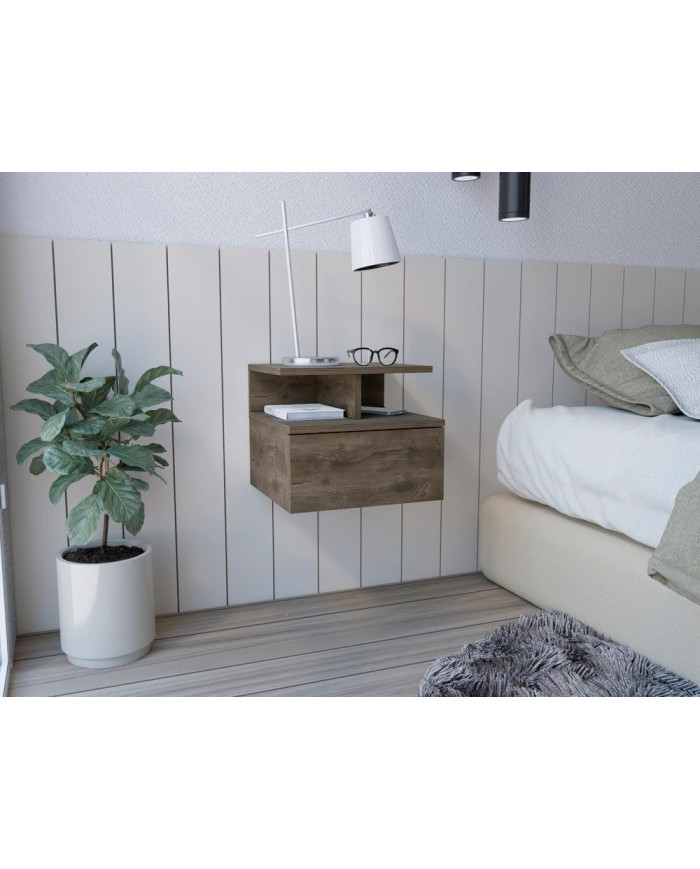 Mesa de Noche Flotante Nube, Nogal, con un Cajón y División de dos Entrepaños ZF