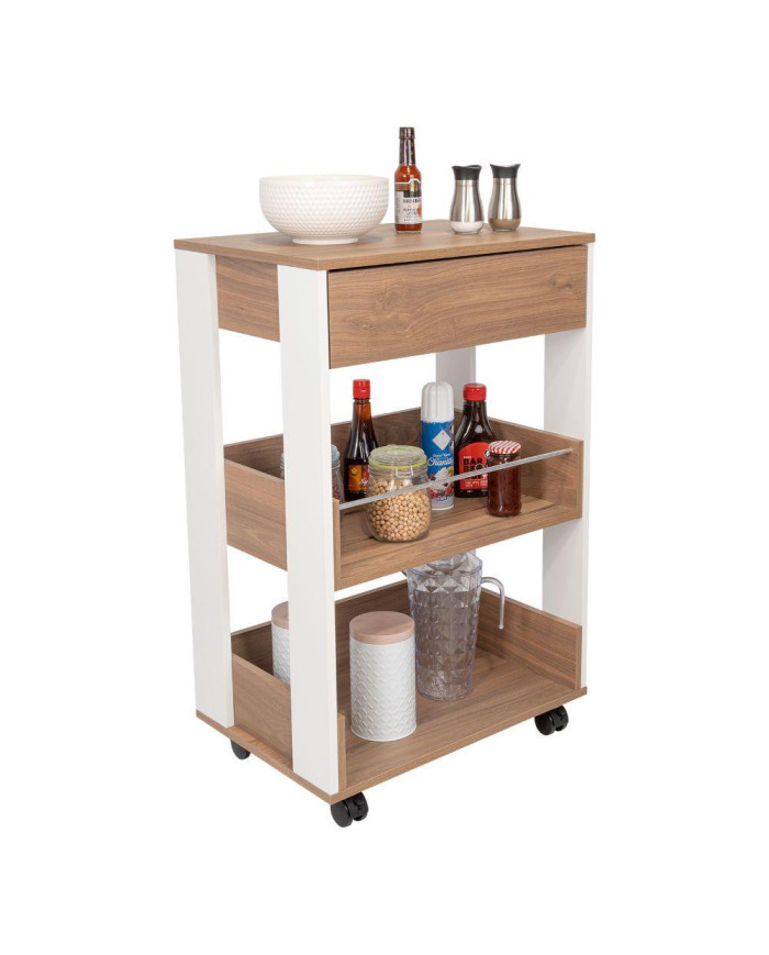 Mueble Auxiliar de Cocina Azana, Moca y Blanco, con Entrepaños y Rodachines Para Su Fácil Desplazamiento
